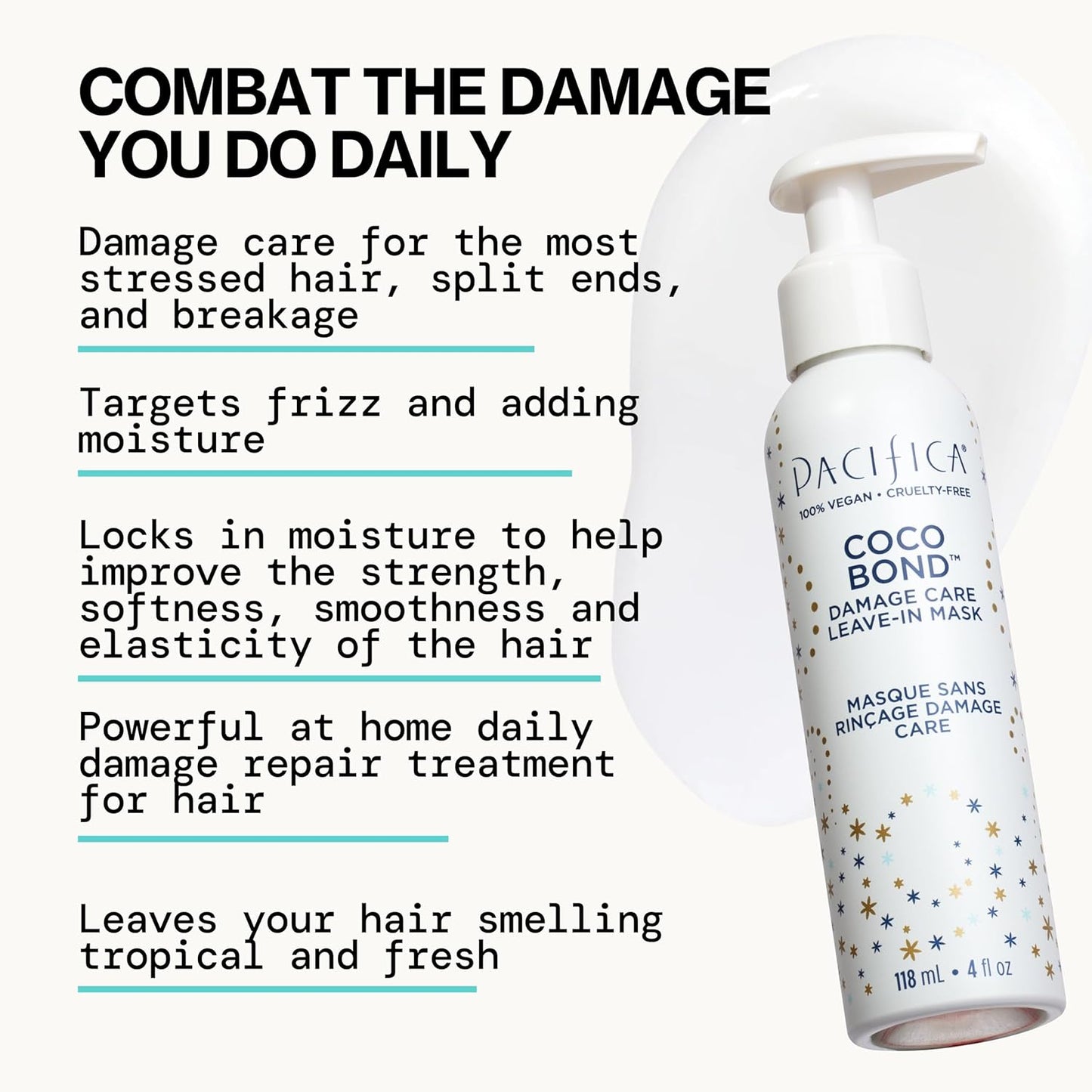 PACIFICA Beauty, Coco Bond Damage Care Leave-In Repair Mask Treatment, Dry & Damaged Hair from Bleach, Color, Chemical Services, Chlorine, & Heat, Coconut, Vegan