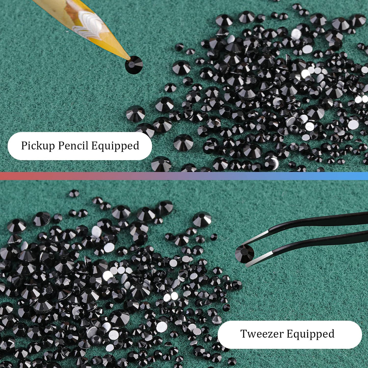 6 Sizes Black Glass Crystal Kit with Pickup Pen + Tweezer Tools for Shine Nail Art Manicure Makeup DIY Decoration Flatback Round Rhinestone Gem Jewelry Diamond