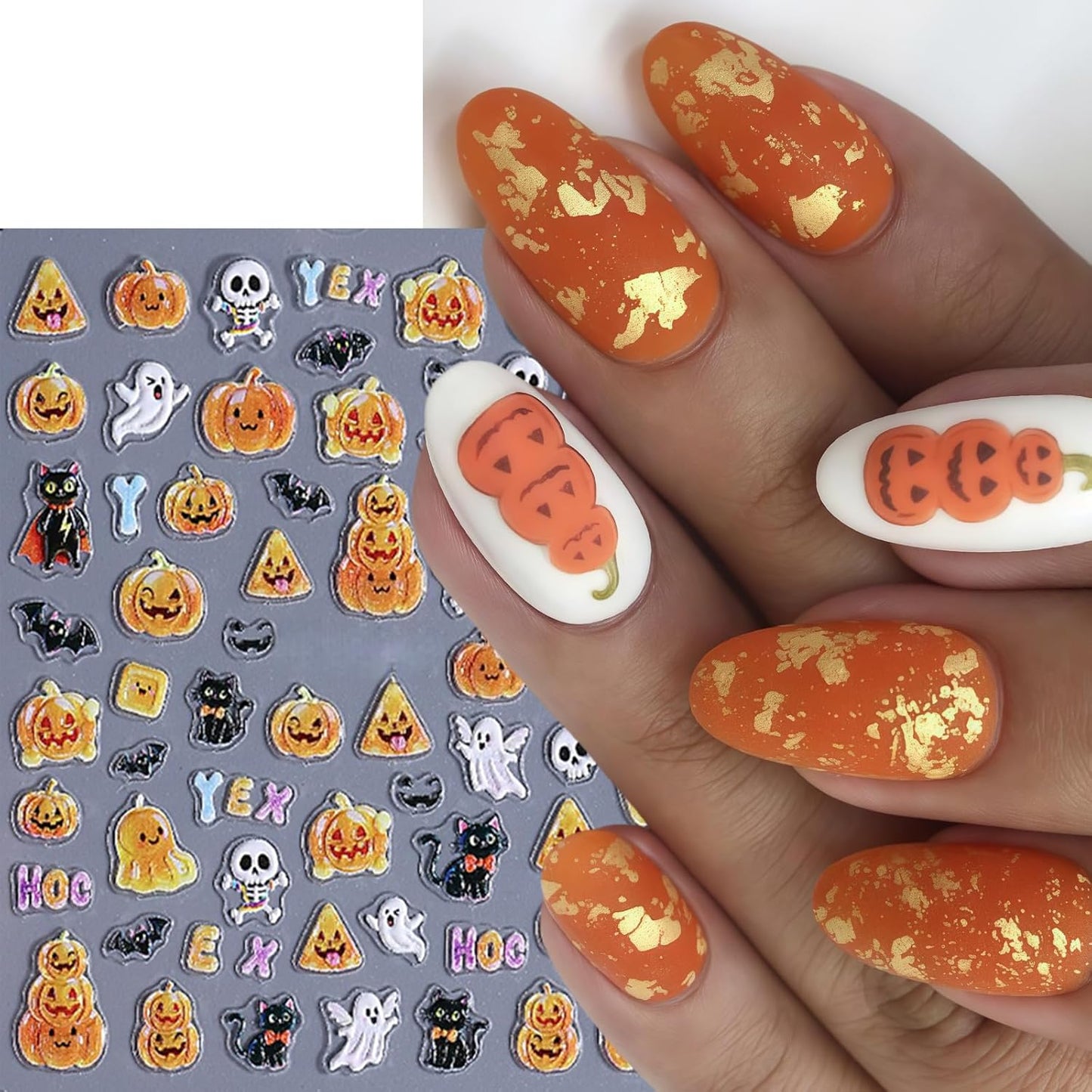 3 Sheets Halloween Nail Stickers 5D Embossed Star Moon Ghost Self-Adhesive Nail Decals Pumpkin Ghost Nail Art Stickers Spider Web Skulls Bat Nails Design Nail Supplies for Acrylic Nails Manicure Decor