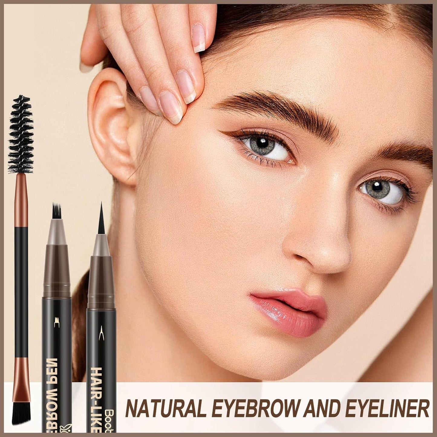 Boobeen 2pcs Waterproof Eyebrow Pen,Dual-Ended Eyeliner Microblading Eyebrow Pencil for Women,Long Lasting Hair-Like Brow Pen with Brow Brush,Dark Brown