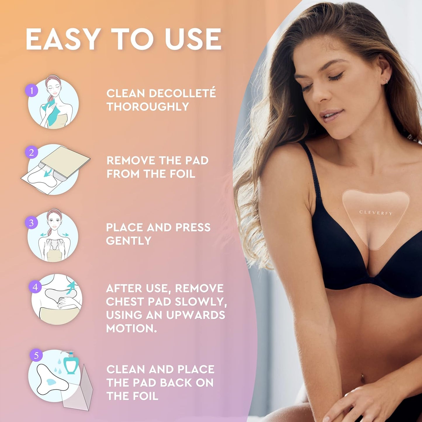 CLEVERFY Silicone Chest Wrinkle Pads Sleeping Reusable (2 Pack V-shape) - Decollete Anti Wrinkle Chest Pads - Silicone Patches for Wrinkles - Anti Wrinkle Patches for Decollete Wrinkle Prevention