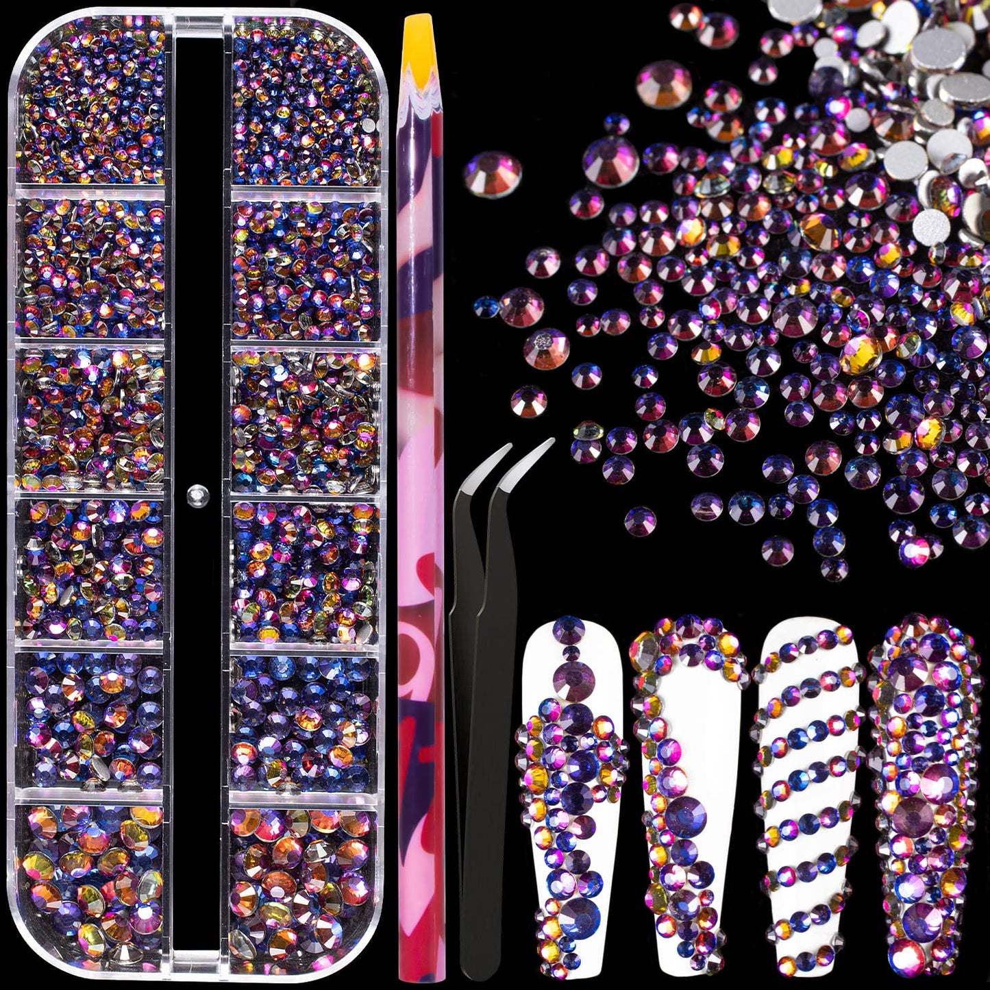 6 Sizes Iridescent Blue Glass Crystal Kit with Pickup Pen + Tweezer Tools for Shine Nail Art Manicure Makeup DIY Decoration Flatback Round Rhinestone Gem Jewelry Diamond