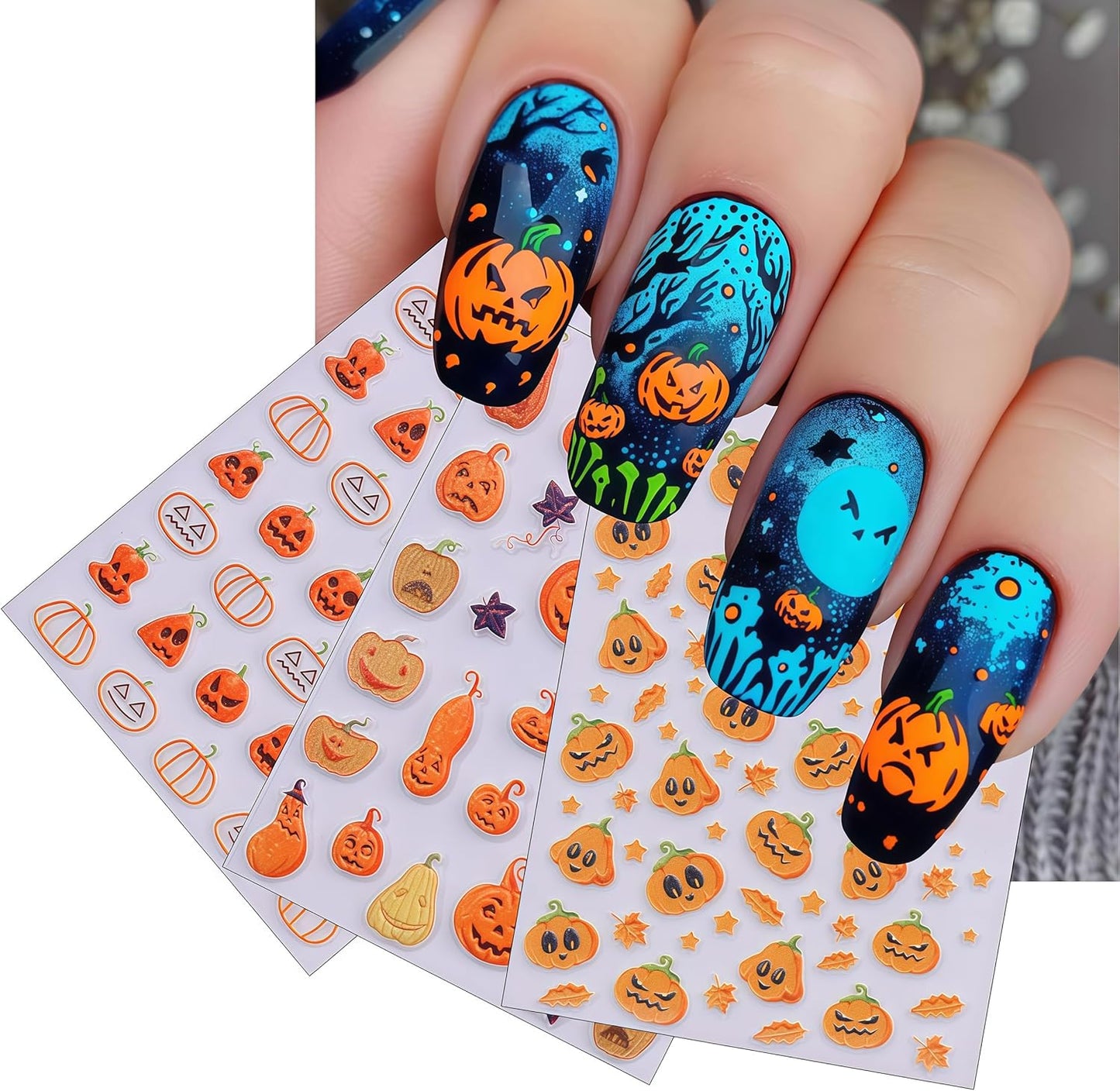 3 Sheets Halloween Pumpkin Nail Stickers 5D Embossed Self-Adhesive Pumpkin Fun Design Nail Decals Women Halloween DIY Nail Decoration