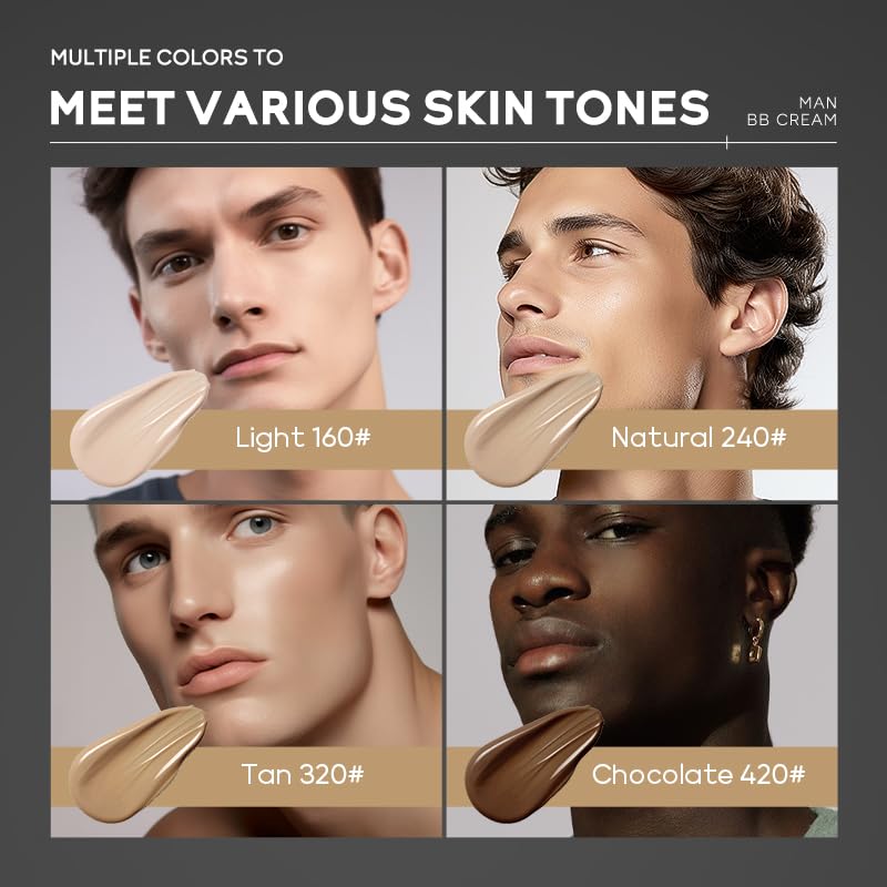 AKARY Hydrating Men BB Cream SPF 15 PA++, Full-Coverage Foundation&Concealer, Mens Face Moisturizer Cream Evens Skin Tone, Oil Control and Cover Flaws, Natural Finish for All Skin Types, Light 160