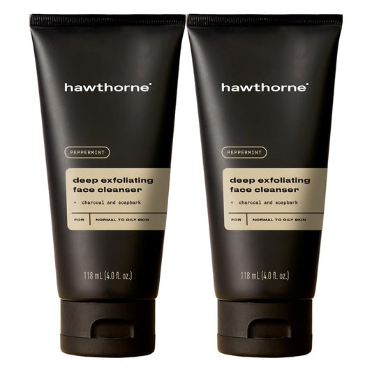 Hawthorne Men's Deep Exfoliating Charcoal Face Wash Cleanser For Normal to Oily Skin. Eliminate Dirt, Grease, and Grime. Natural Ingredients, Vegan, Sulfate Free. 2-Pack, 4 Fl. Oz. Each
