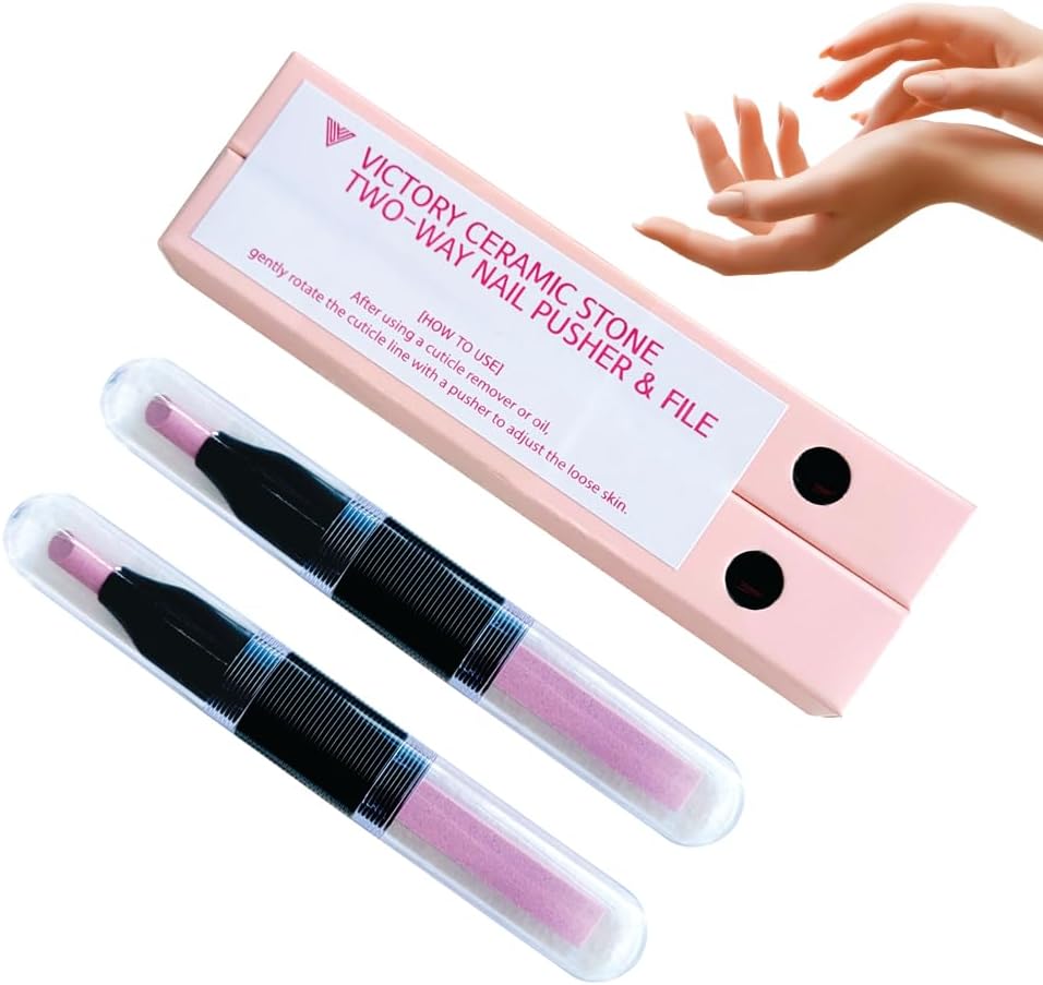 2PCS Victory Ceramic Stone Two-Way Nail Pusher & File (Black) Cuticle Trimmer Manicure Tools Professional Nail File Pumice Fingernail Files