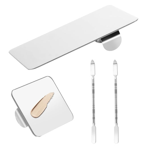 2 Pcs Stainless Steel Makeup Palette Makeup Spatula Palette with Foundation Spatula Professional Cosmetic Palette for Mixing Foundation Eye Shadow Nail DIY Art