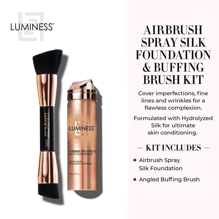LUMINESS Silk Airbrush Spray Foundation & Buffing Brush Kit – Full Coverage Foundation & Dual-Sided Buffing Brush - Buildable Coverage, Anti-Aging Formula Hydrates & Moisturizes - Light Medium