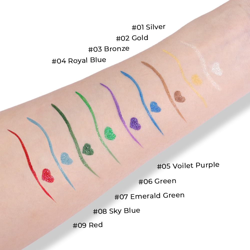 Red Metallic Glitter Liquid Eyeliner Pen – Long-Lasting Sparkly Waterproof Eyeliner for Women & Men – Tattoo-Effect Eye Makeup for Parties – Delineador de ojos líquido con 09