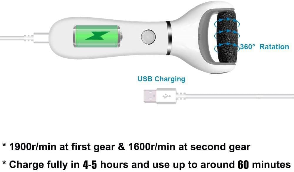 BOMPOW Electric Foot Scrubber Foot File Hard Skin Remover Pedicure Tools Electronic Callus kit for Cracked Heels and Dead Skin with 2 Roller Heads, White