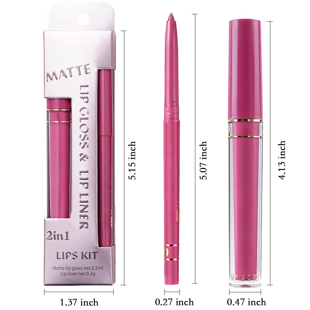 evpct 2Pcs Rose Matte Lip Liner and Lipstick Gloss Stains Makeup Set Kit for Women Long Lasting Waterproof 24, Rose Red Matte Lipstick Kit with Lip Liner, 24 Hour Lipsticks Pencils