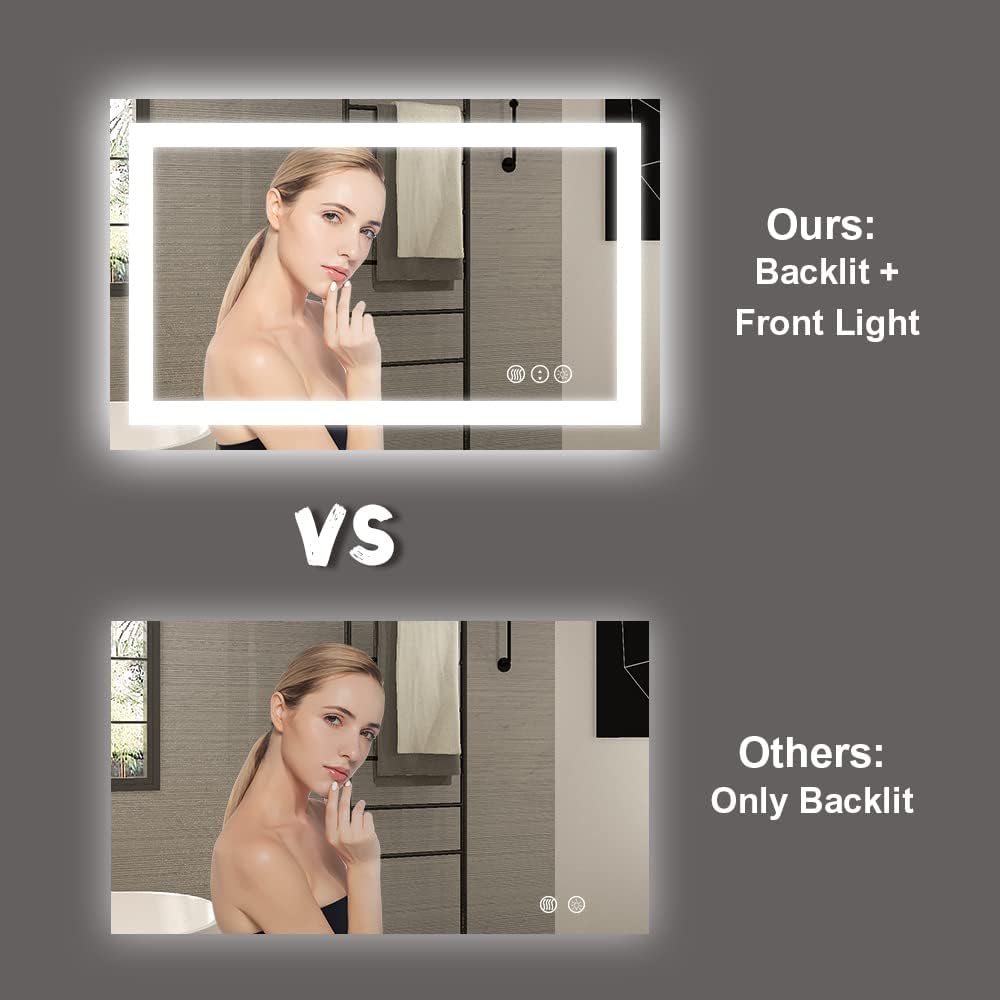Amorho LED Bathroom Mirror 48" X36" with Front and Backlight, Stepless Dimmable Wall Mirrors with Anti-Fog, Shatter-Proof, Memory, 3 Colors, Double LED Vanity Mirror