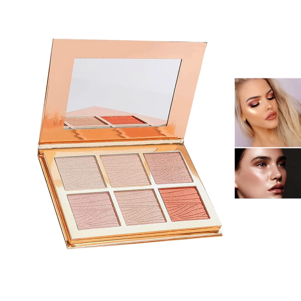 6 Colors Highlighter Makeup Face Palette, Shiny Glow Highlighter Shimmer Metallic Palette Professional Face Contouring Blemish Pallet, Natural Shiny Makeup Face Glitter Blush Cheeks Pallet Contour Illuminator Makeup Highlight Powder for Women
