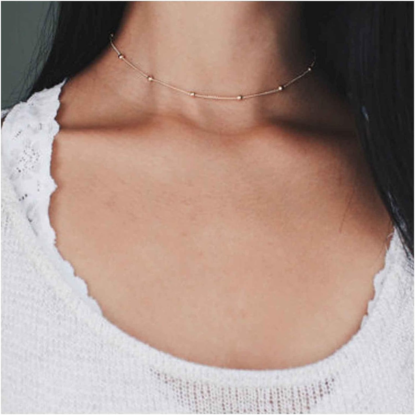 Boho Thin Beaded Choker Necklace Gold Station Ball Necklace Short Satellite Chain Necklace Everyday Minimalist Necklace Jewelry for Women and Girls