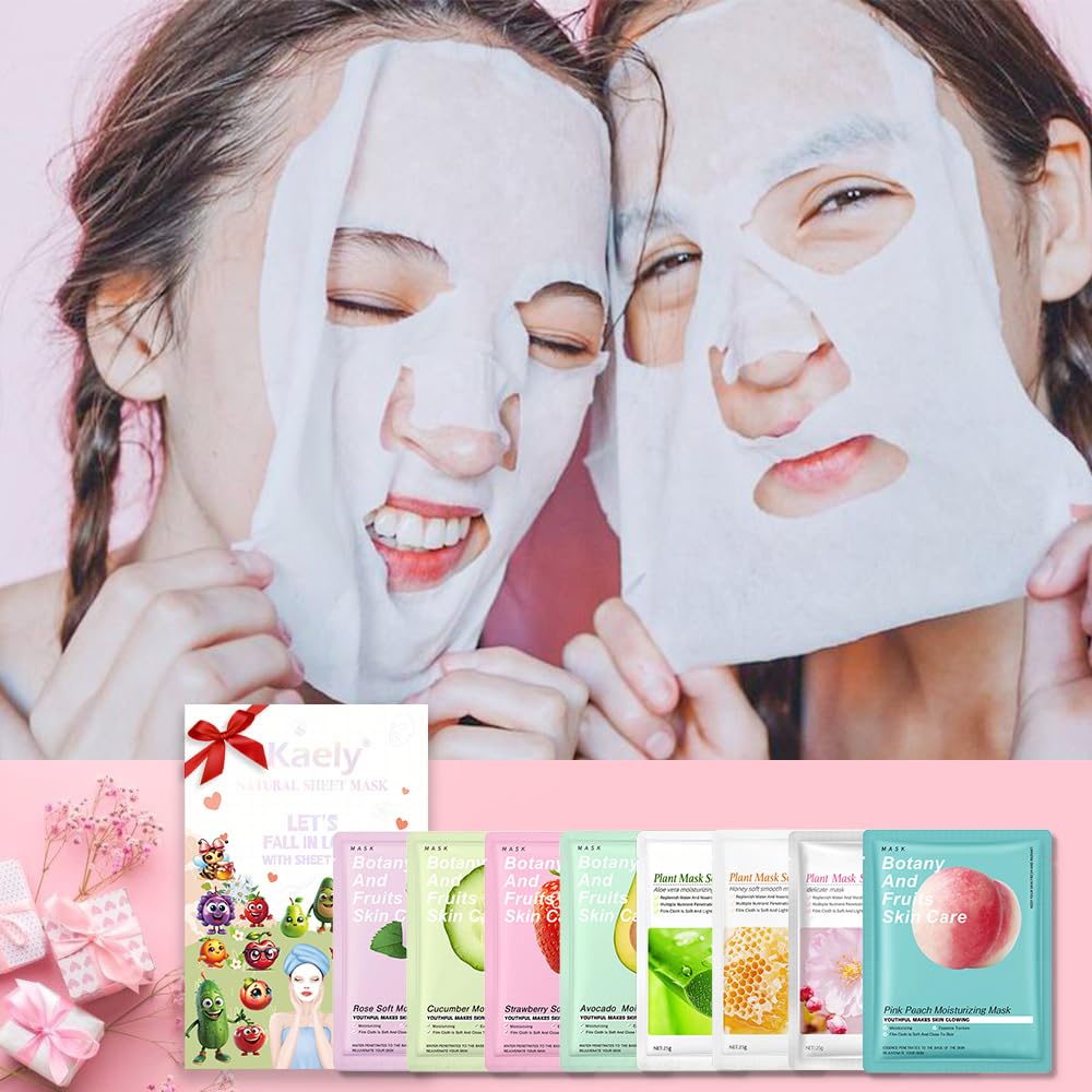 8 Pack Plants Fruits Face Sheet Mask Skincare,Hydrating Face Mask For Sensitive Skin,Moisturize,Soothing,Nourish for All Skin Types,Natural Spa Party Facial Mask Skincare Set for Women Men Girls