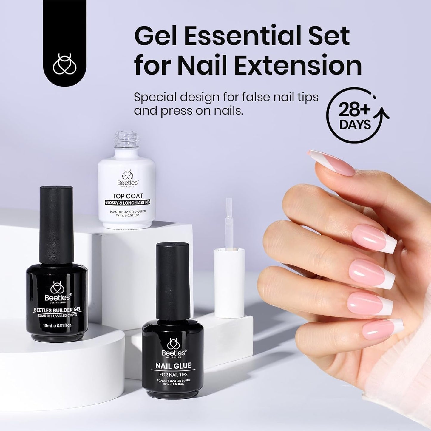 Beetles Gel Nail Glue Kit, 15ml Nail Glue Builder & Extra Glossy Top Coat Gel Nail Polish 3 Pcs Soak Off UV Kit for Long-Lasting Shine, Manicure Nail Art Design Diy at Home Gifts for Women