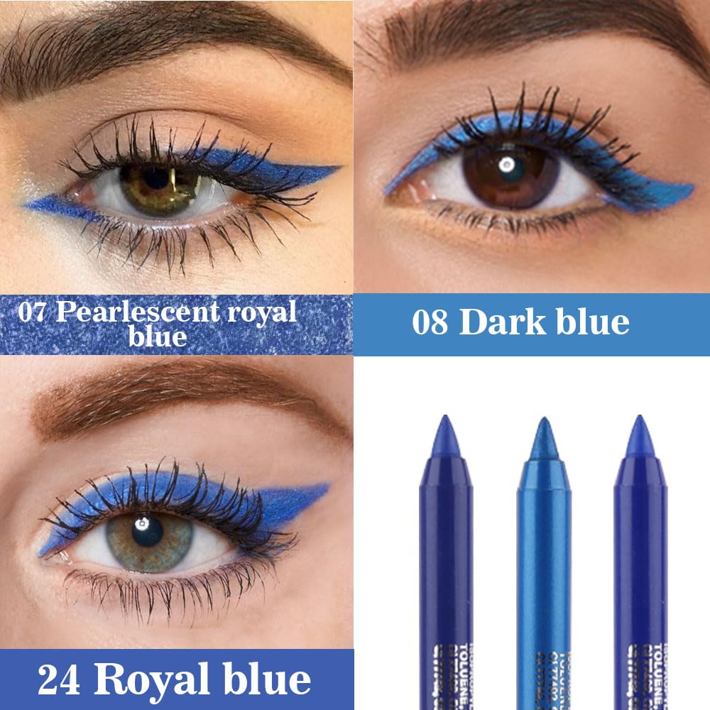 evpct 3Pcs Shimmer Royal Blue & Dark Blue & Royal Blue Gel Glitter Eyeliner Pencils Set for Women Waterproof Smudge Proof lapiz de ojos delineador de ojos contra el agua Eye Liner Makeup 07 08 24