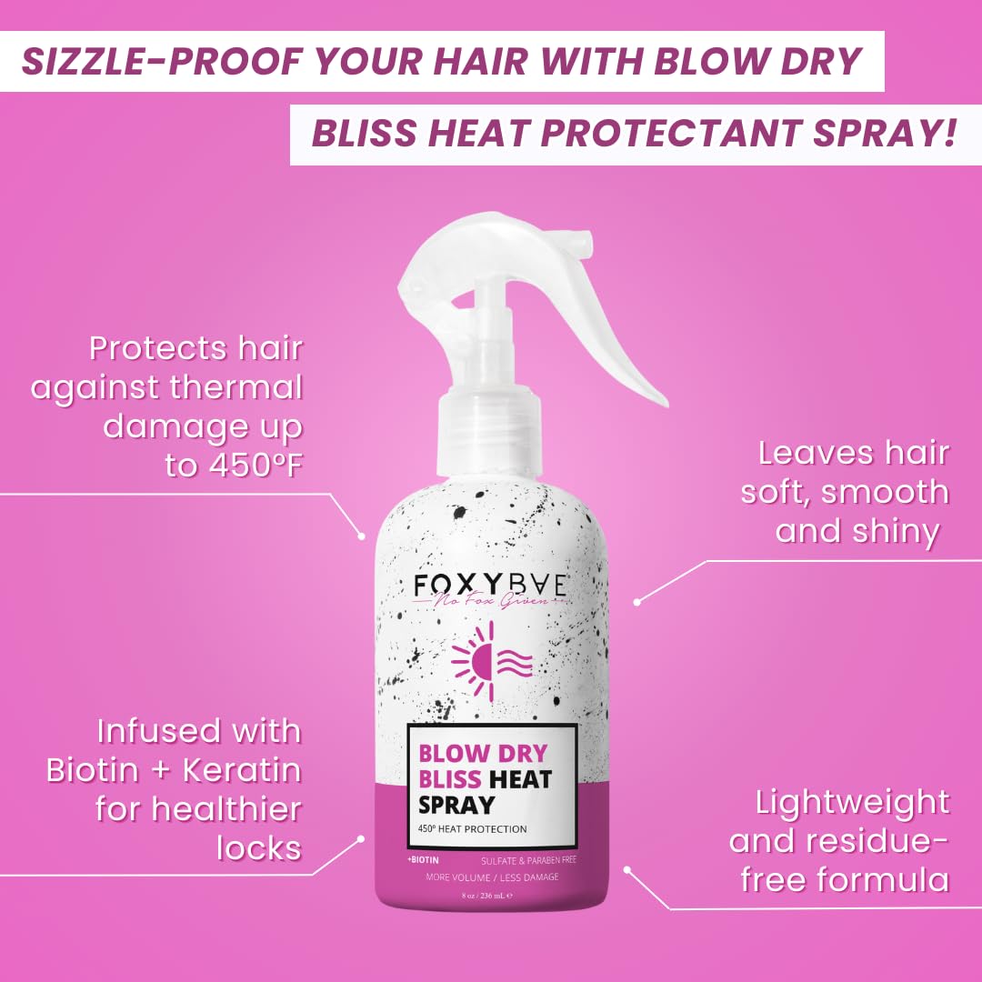 FoxyBae Heat Protectant Spray - with Biotin - Thermal Protection for up to 450°F - More Volume, Less Damage - Blow Dry Bliss - 8 Fl Oz