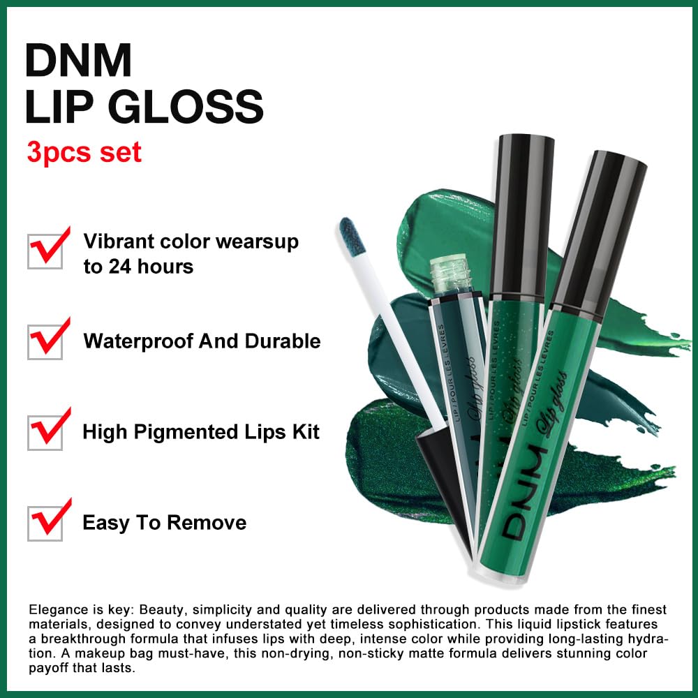 evpct 3Pcs Dark Deep Forest Green Shimmer Matte Liquid Lipstick Lip Stain Sets for Women Matte+Lipstick Long Lasting Waterproof Permanent 24 Hours Magic Lipstick 24 Hours original, Set23