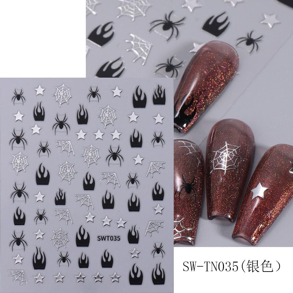 Halloween Nail Art Stickers Decals 10 Sheets 3D Self Adhesive Embossed Stickers Cartoon Spider Web Star Drop of The Blood Nail Art Design DIY Manicure Decoration for Women Kid Girls