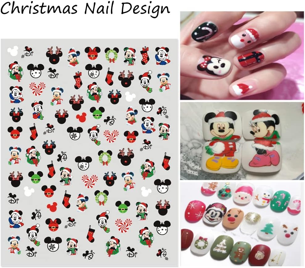Cartoon Nail Art Stickers Decals Cute Christmas Nail Decals Design 3D Self-Adhesive Nail Art Supplies Christmas Designer Nail Stickers for Women Girls DIY Manicure Tips Xmas Acrylic Nails Decoration
