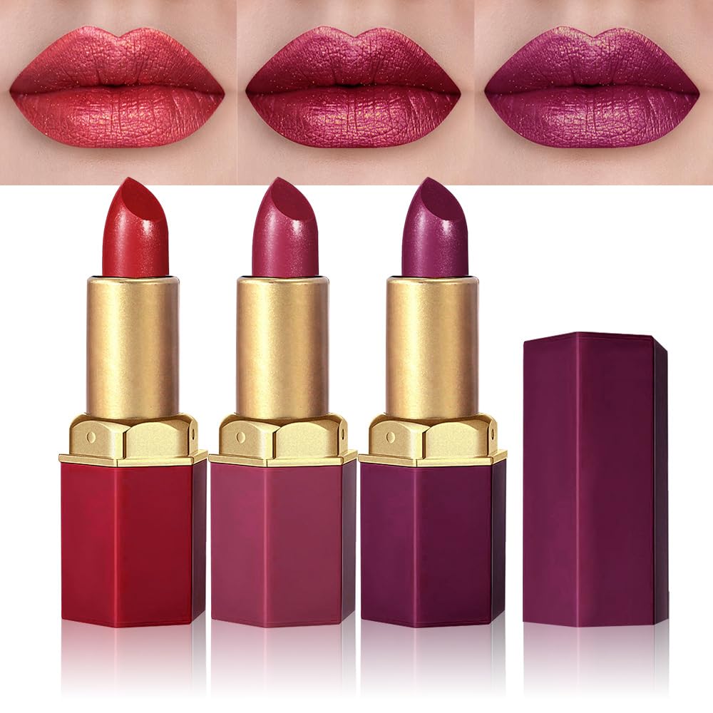 3Pcs Metallic Lipstick for Women,Lightweight Shimmer Frosted Lipstick,Glitter Lip Gloss Stain Long Lasting Waterproof Smudge Proof 24 Hour Full Coverage Lip Makeup,Vegan（10,11,12)