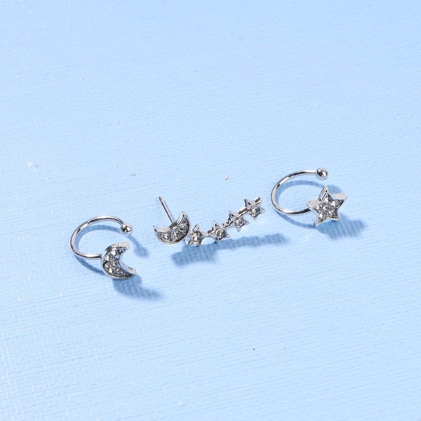 Boho Moon Star Ear Climber Earrings Silver Cz Star Ear Crawler Earrings Vintage Rhinestone Moon Cuff Earrings Cartilage Star Trailing Earrings Celestial Jewelry for Women and Girls Gifts