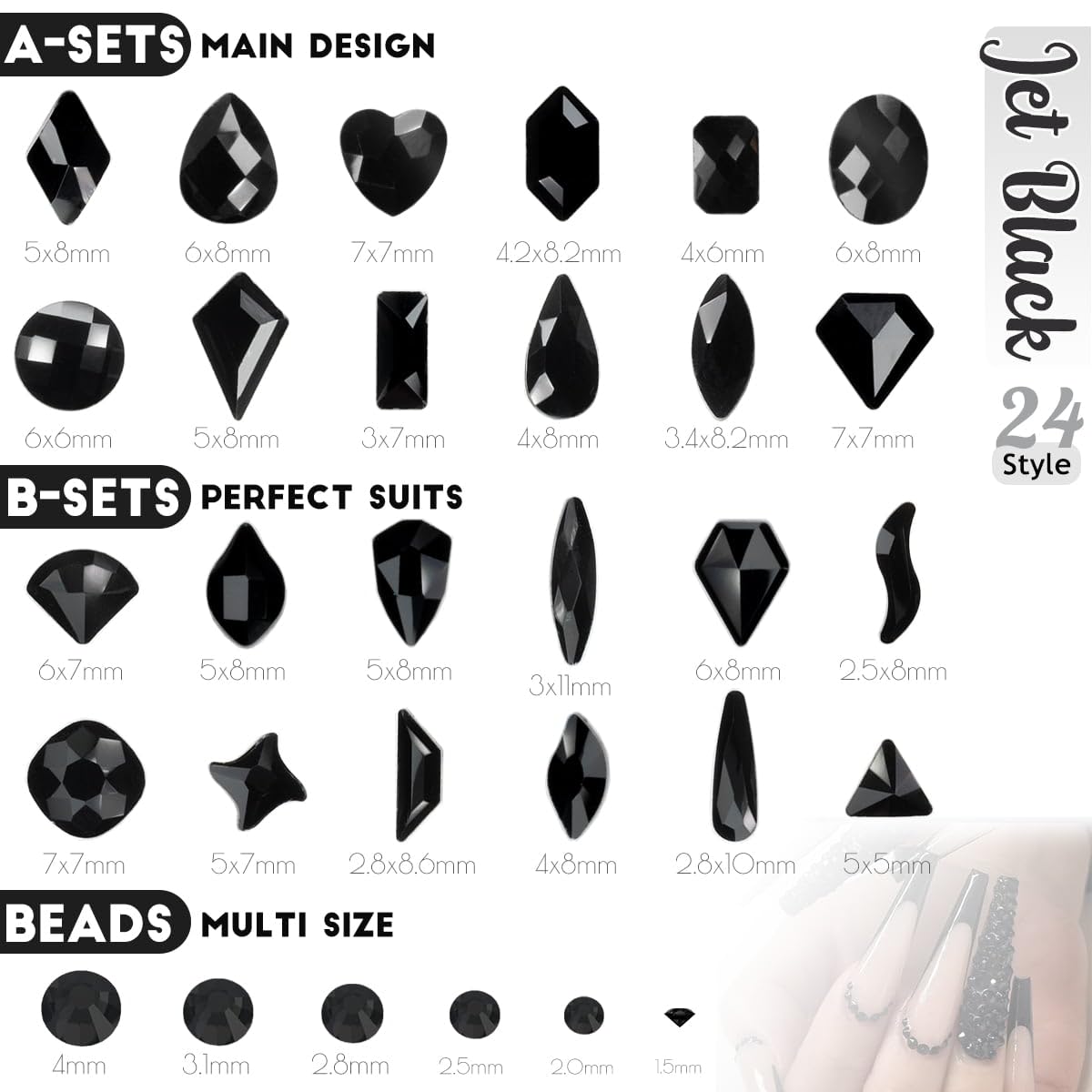 4 Boxes Jet Black Nail Rhinestones and Glitters 24 Shapes K9 Glass Flatback Gems Round Stones Diamonds Crystals Nail Art Charms for Acrylic Nails Faces Eyes Makeup DIY Crafts Tumblers Clothes Shoes
