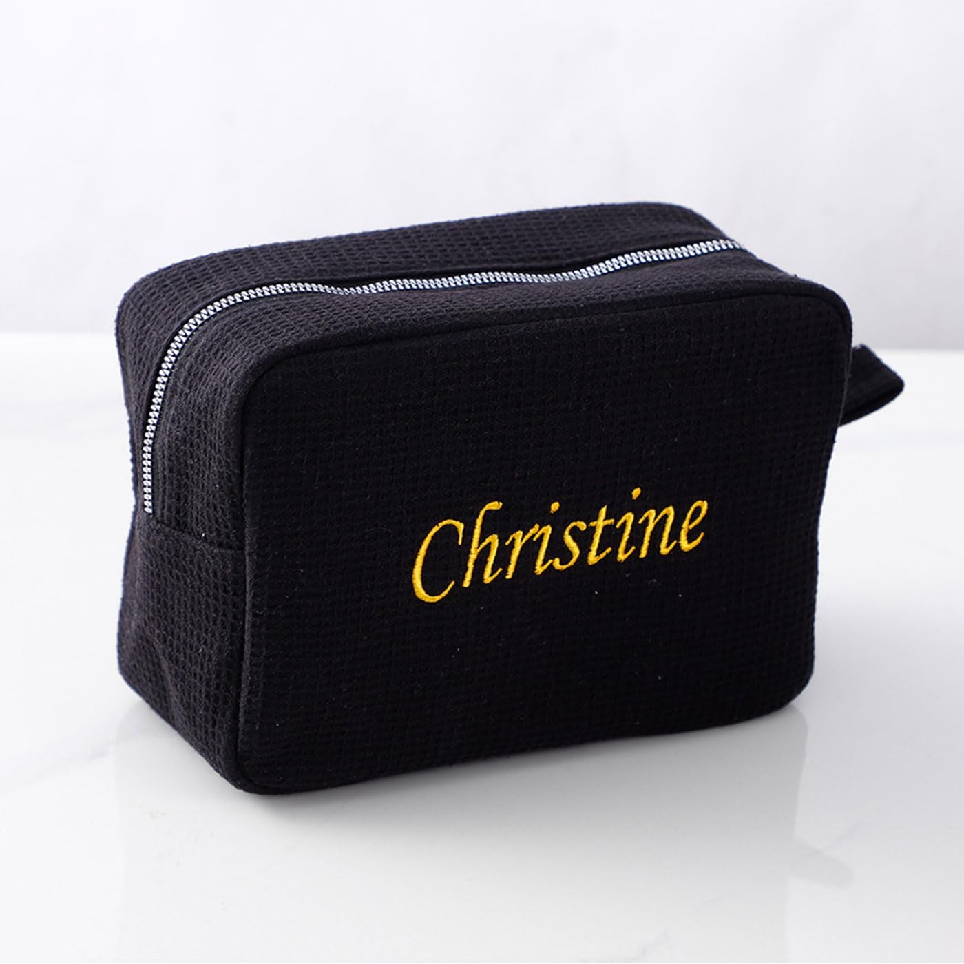 GOPHIE Personalized Embroidered Makeup Bag,Custom Waffle Fabric Cosmetic Pouch for Women, Travel Makeup Pouch (1, Black)