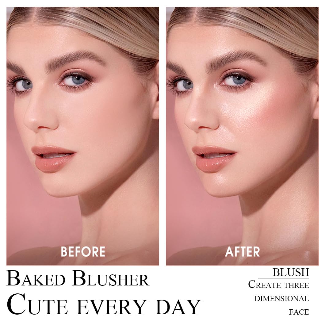 Baked Blush Powder, Natural Glow Blush Palette, Contour Brighten Highlight Face for a Shimmery or Matte Finish, Lightweight Blendable, Long Lasting Face Makeup #02