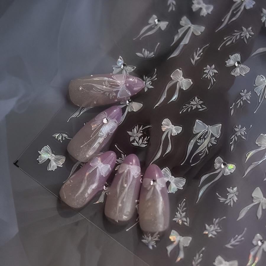 4 Sheets White Nail Art Stickers Decals Bow-tie Butterfly Nail Stickers 3D Self Adhesive with Pearls Nail Decals Supplies Nail Art Design Decoration Accessories for Women and Girls