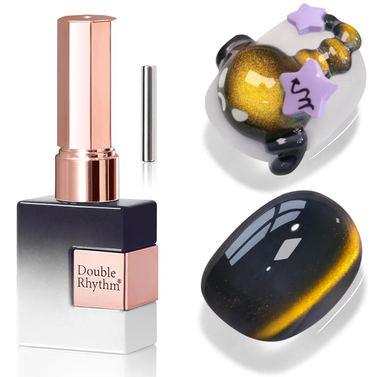 Double Rhythm Jelly Glass Cat Eye Gel Polish with Magnet 15ML Holographic Glitter Shimmer Translucent Sheer Color Magnetic Nail Polish Salon DIY at Home (Golden Black-MC1256)