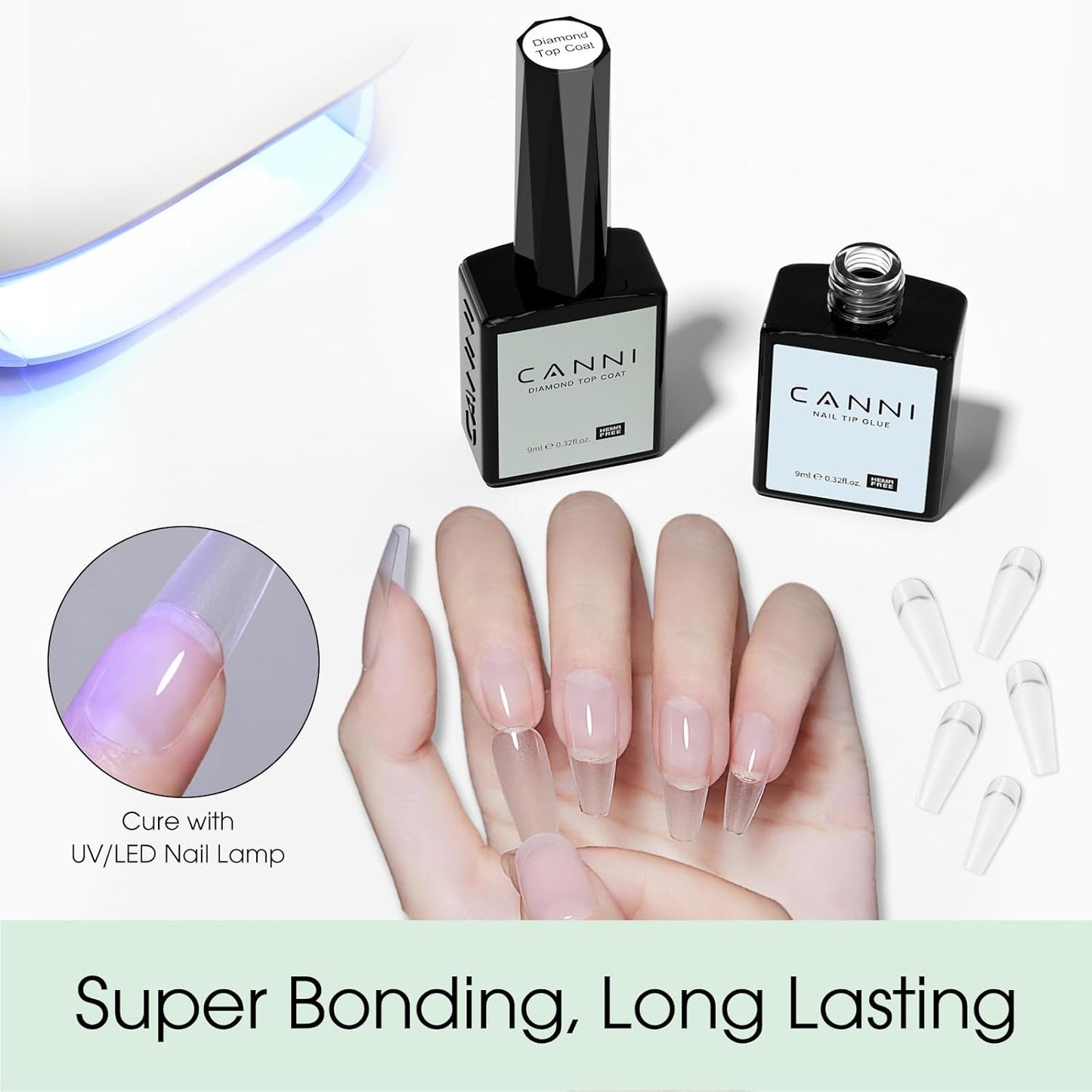 CANNI 2 Pcs No Wipe Top Coat and Gel Nail Glue for Acrylic Nails Tips False Nails Tips Gel Nail Polish Set