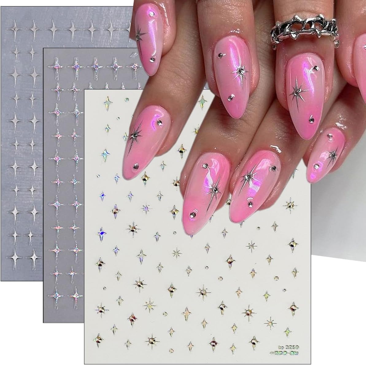 Holographic Star Nail Stickers 3D Glitter Silver White Stars Nail Design Nail Art Supplies Laser Star Nail Decals Self-Adhesive Nail Decoration Kit for Women Girls DIY Manicure Tips 6 Sheets