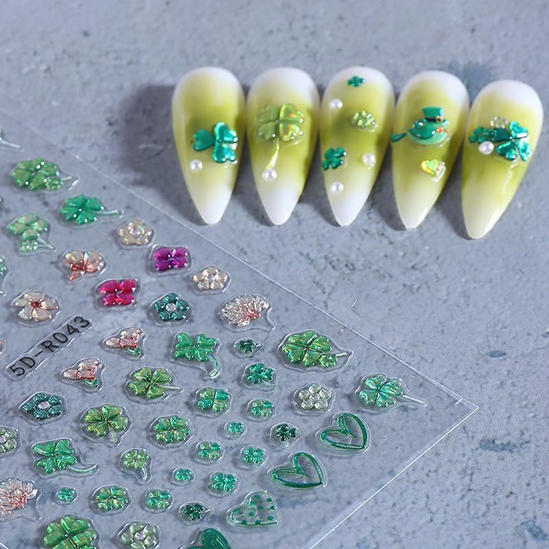 2 Sheets Irish Four-Leaf Clover Nail Art Stickers St. Patrick's 5D Self-Adhesive Embossed Green Shamrock Nail Decals Design Lucky of Irish Spring Leaf Nail Supplies for Women Nail Decoration