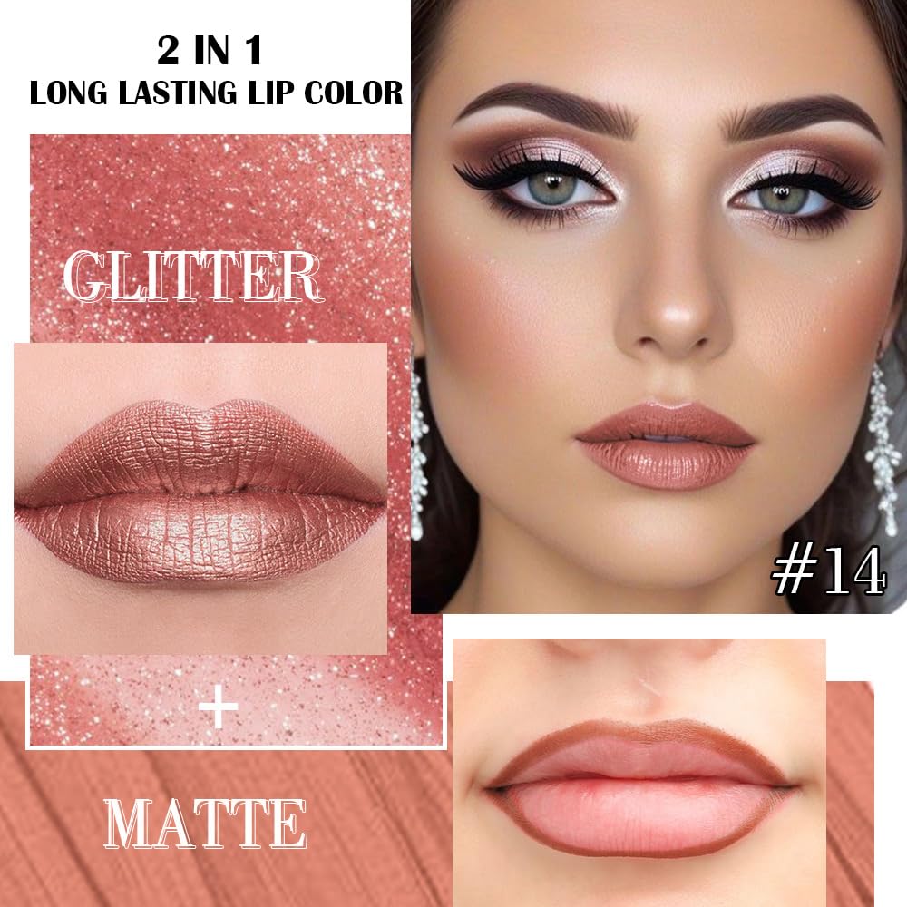 evpct Bronze Gold Metallic Glitter Lip Liner and Lipstick Combo Lip Gloss Stain Set Makeup for Women Long Lasting Waterproof 24, Rose Gold Metallic Shimmer Frosted Iridescent Glossy Liquid Lipstick 14