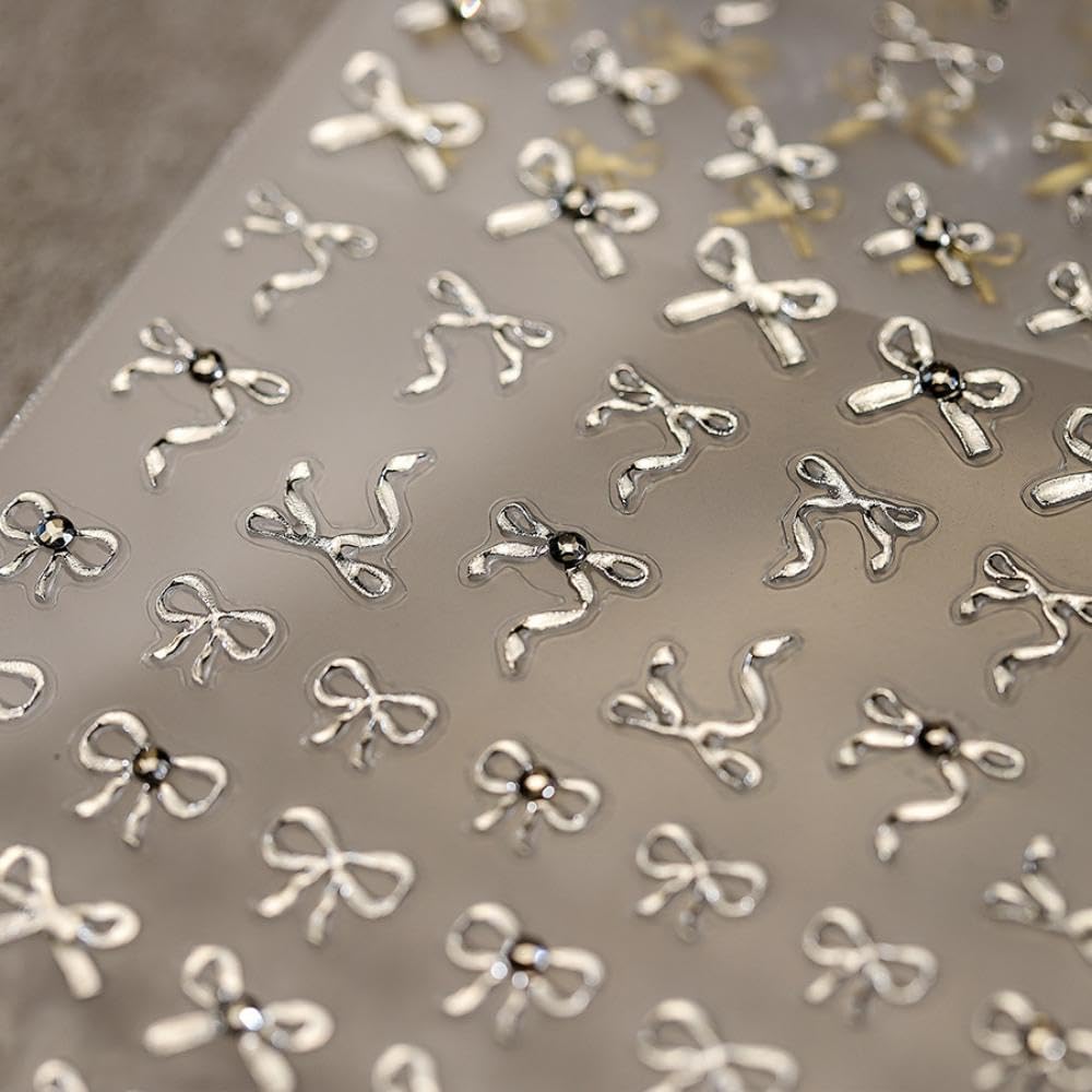 5D Embossed Nail Stickers for Nail Art Bow Nail Art Stickers Silver Nail Decals Self Adhesive Nail Decals Rhinestone Nail Art Design Manicure Supplies Charm for Women Christmas Nail Art Decorations