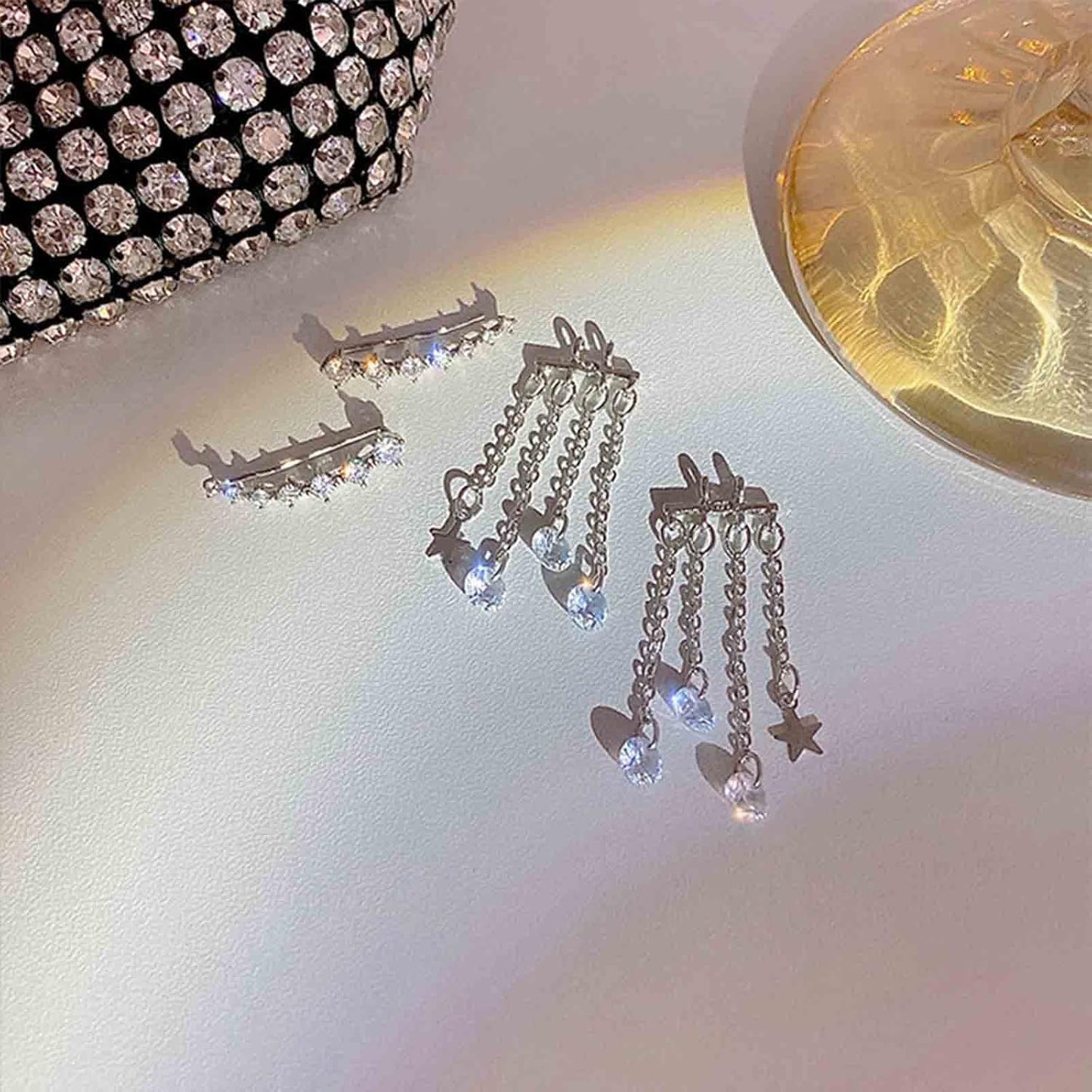 Boho Star Ear Jacket Earrings Gold Cz Star Ear Climber Earrings Crystal Chain Tassel Earrings Crystal Ear Crawler Long Chain Earrings Jewelry for Women and Girls Gifts