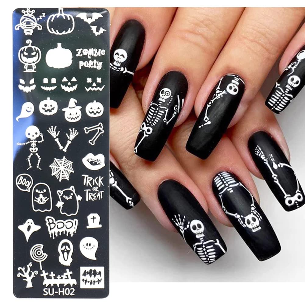 Halloween Nail Stamper Kit: 6 Pcs Stamp Template Plates with 1 Stamper, 1 Scraper - Horror, Ghost, Pumpkin, Skull, Bone Images - DIY Nail Art Set