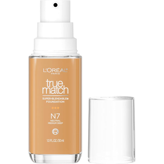 L'Oreal Paris True Match Super-Blendable Foundation, Medium Coverage Liquid Foundation Makeup, N7, Medium Deep, 1 Fl Oz