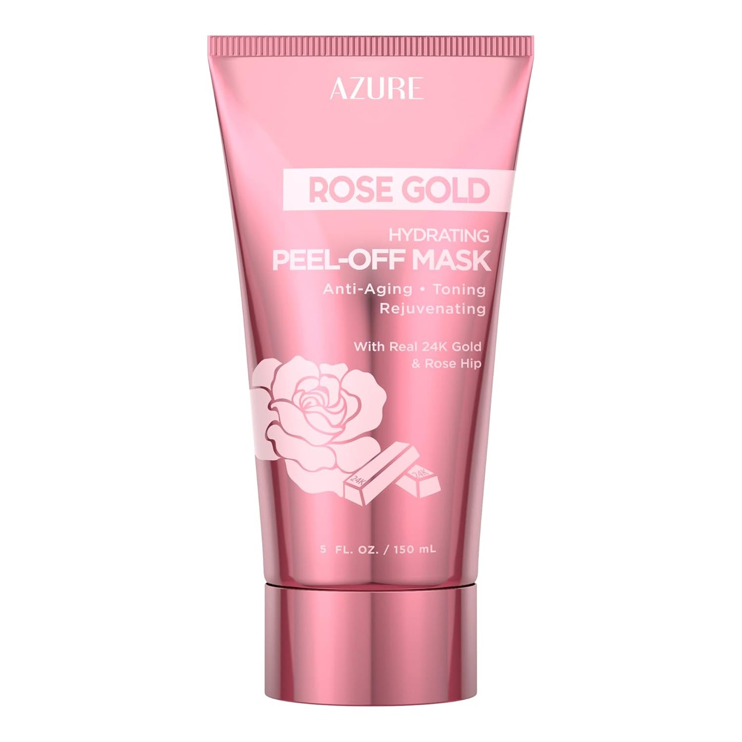 Azure Cosmetics Rose Gold Hydrating Peel Off Face Mask- Anti Aging, Toning & Rejuvenating - Removes Blackheads, Dirt & Oils - With Gold and Rose Water - Skin Care - 150mL / 5 fl.oz.