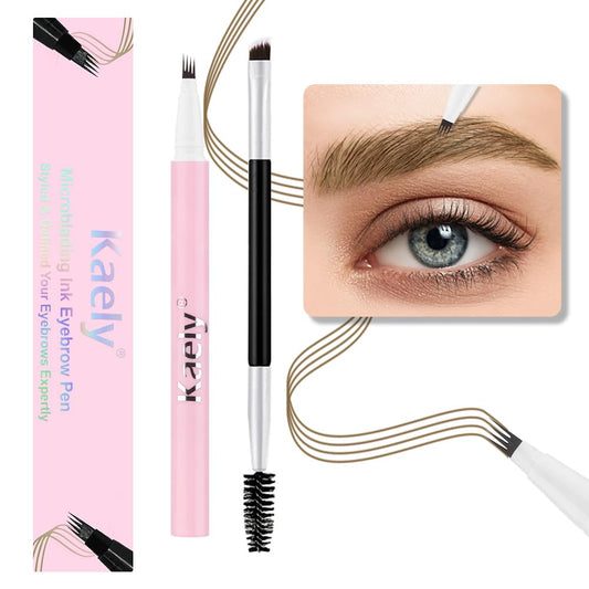 evpct 1Pcs Brown Magic Microblading Eyebrow Contouring Pen Brow Pencil, with 4 Brush Micro-Fork-Tips Precise Applicator, with Dual-ended Eyebrow Brush, Hair Like Strokes, Natural Looking Brows