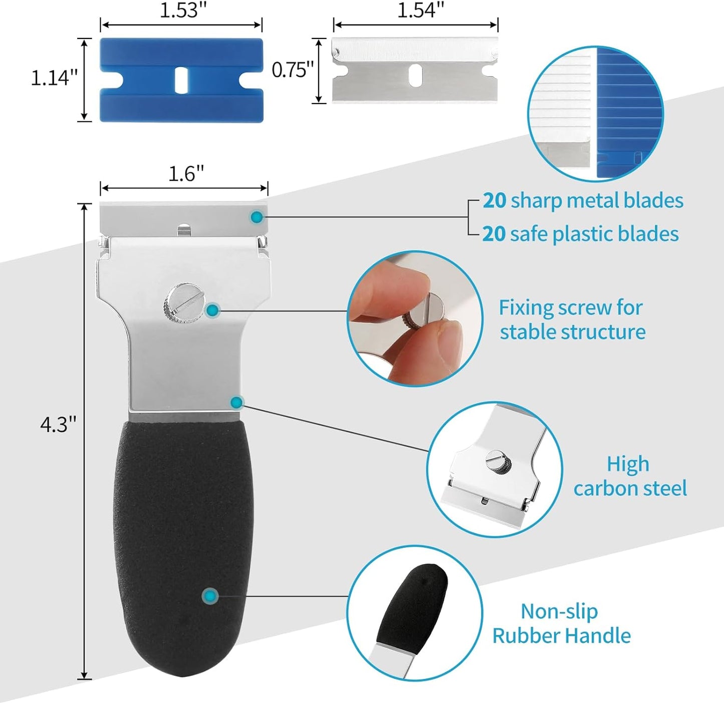 4 Pack Razor Blade Scraper, with 20 Metal & 20 Plastic Blades, Multi-Purpose Cleaning Remover Tool for Glass Caulk, Adhesive, Wall, Stovetop, Paint, Window, Sticker, Tile, Label Decals