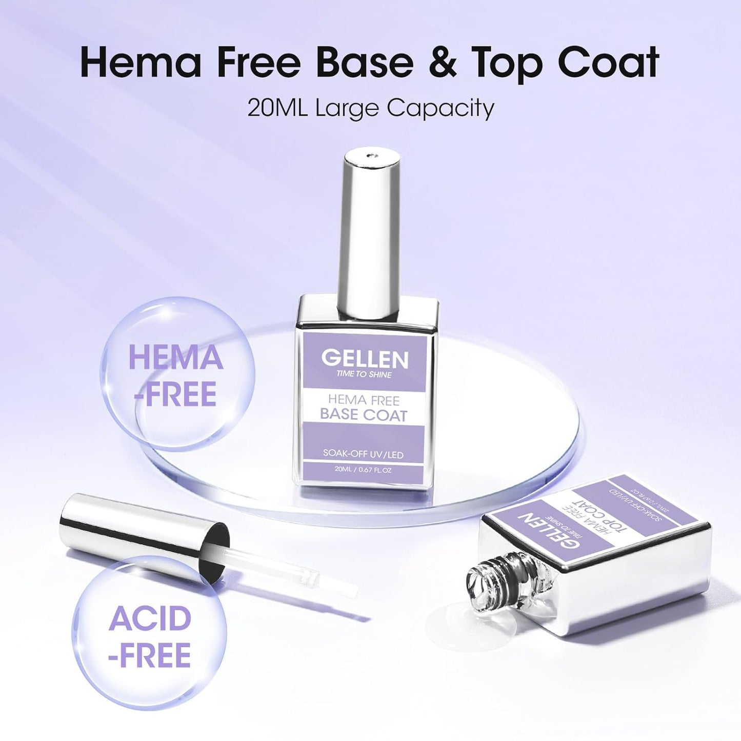 GELLEN 20ml Gel Base and Top Coat, Hema-Free Glossy Top Coat and Base Coat for Gel Nail Polish, No Wipe Soak Off Curing Needed Clear Nail Polish, Easy DIY Manicure Set