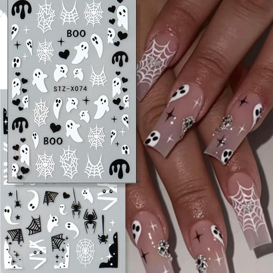 Halloween Nails Stickers Black Bat Nails Sticker 3D Embossed White Ghost Web Self Adhesive Sticker Nail Decals Black White Nail Art Decals Halloween Decals for Nail DIY Manicure 4Sheet