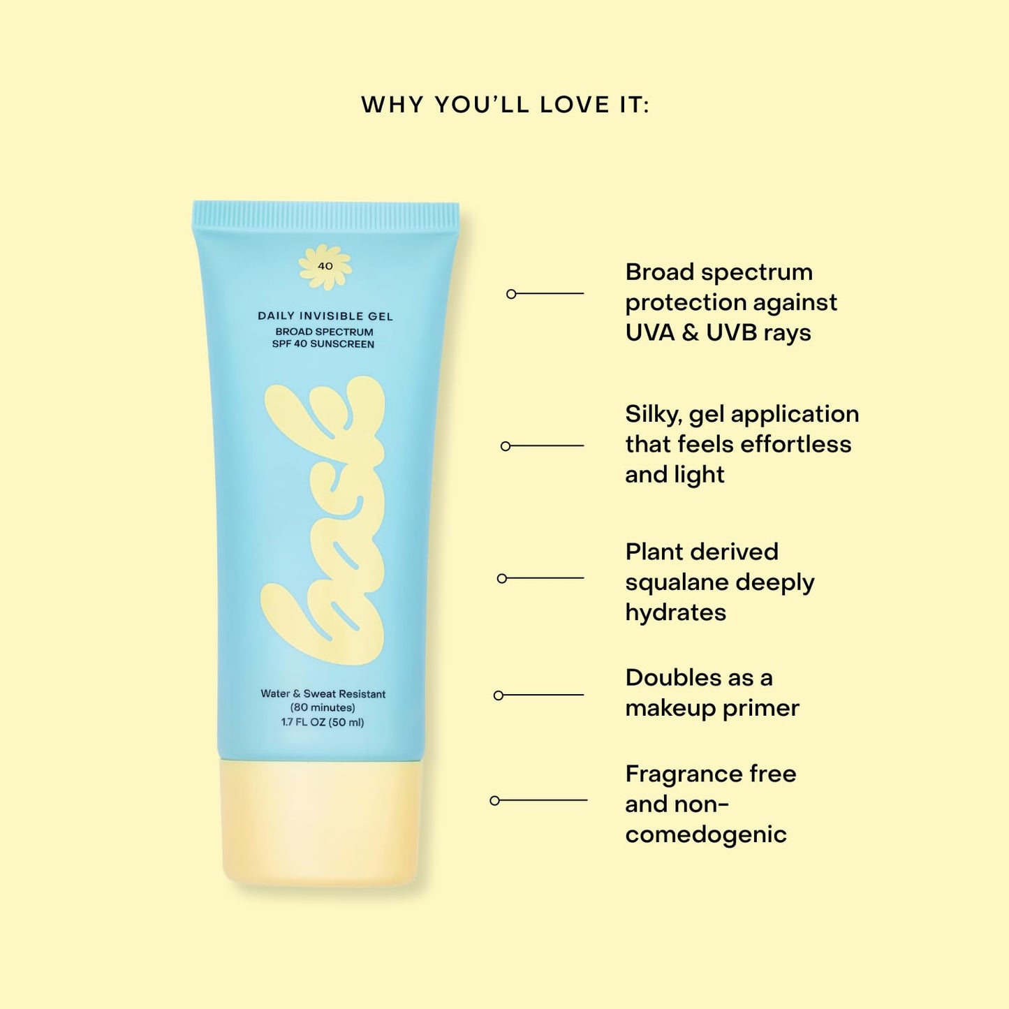 Bask Suncare SPF 40 Daily Invisible Gel Face Sunscreen - Broad Spectrum Protection, Fragrance Free, Makeup Primer, Hydrating, Lightweight & Fast Absorbing, Dermatologist Recommended, 1.7 fl oz