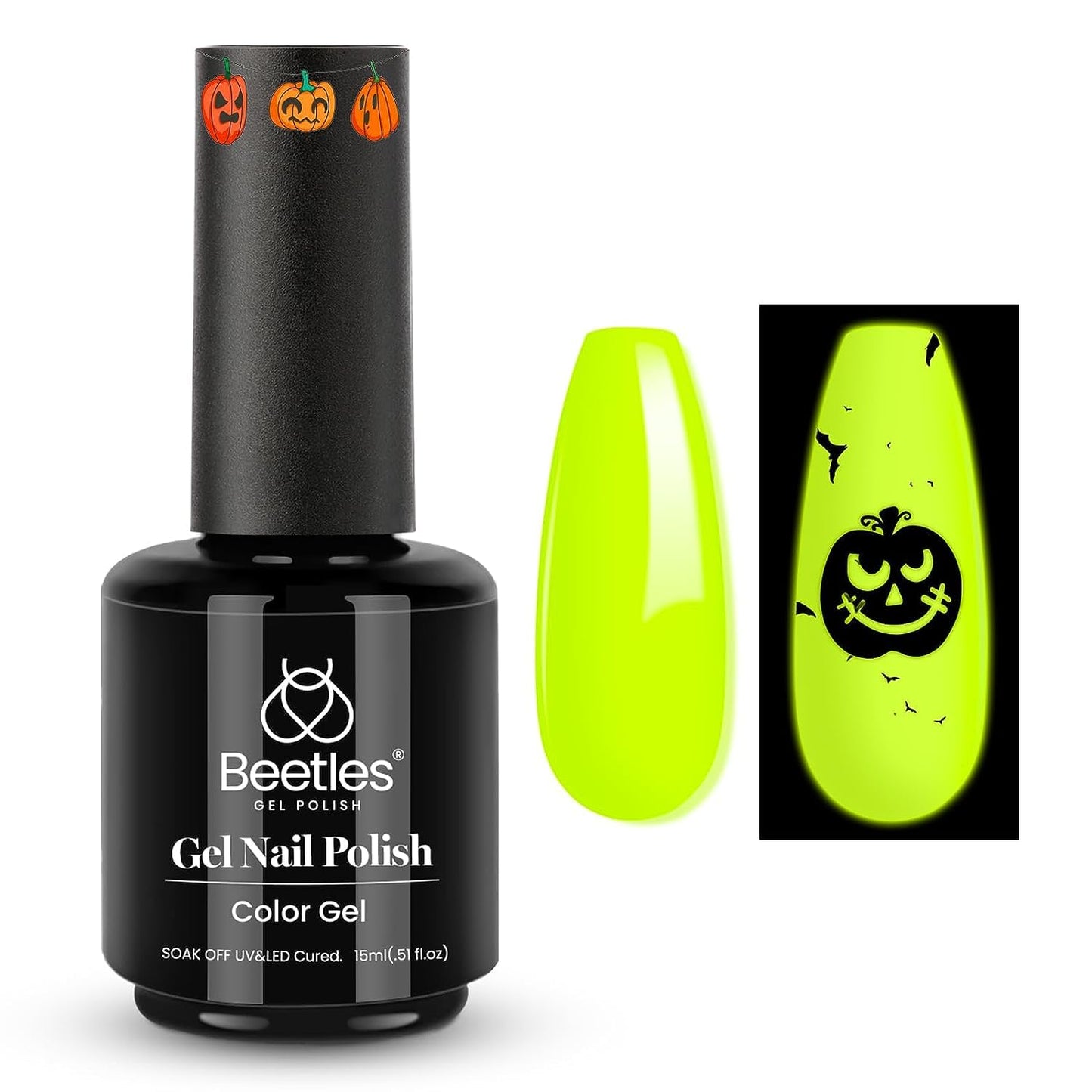 Beetles Halloween Gel Nail Polish – Luminous Yellow Glow in the Dark Green Gel Polish, Noctilucent Green Luminous Color Soak Off U v LED Lamp DIY Manicure 0.5Oz
