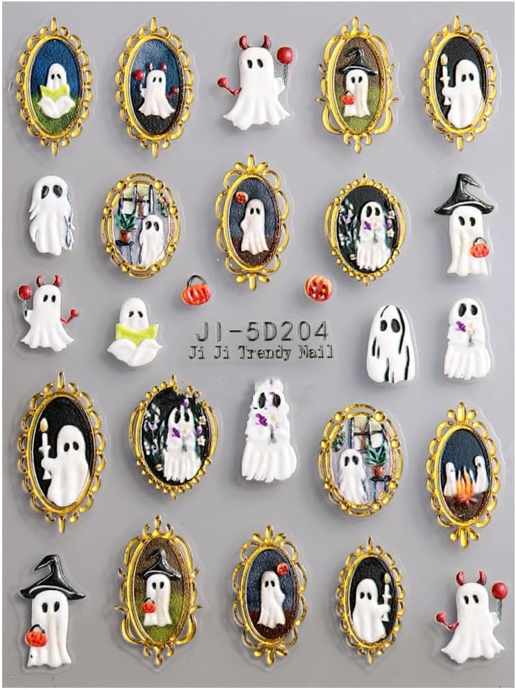 Halloween Nails Stickers White Ghost Nails Sticker 5D Embossed Cute Ghost with Gold Frame Self Adhesive Sticker Nail Decals Pumpkins Nail Art Decal Halloween Decals for Nail DIY Manicure 1Sheet