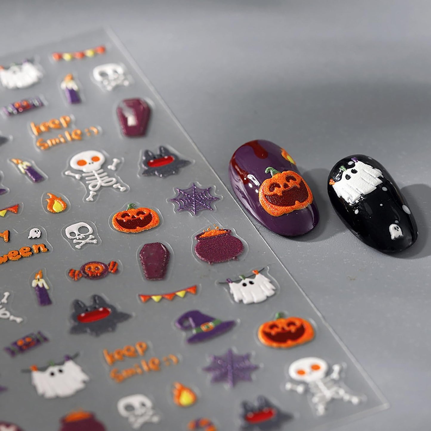 Halloween Nail Art Stickers 5D Embossed Cute Ghost Nail Decals for Nail Art Designs Self Adhesive Skull Spider Web Nail Stickers Pumpkin Bat Nail Supplies for Women Nails DIY Accessores