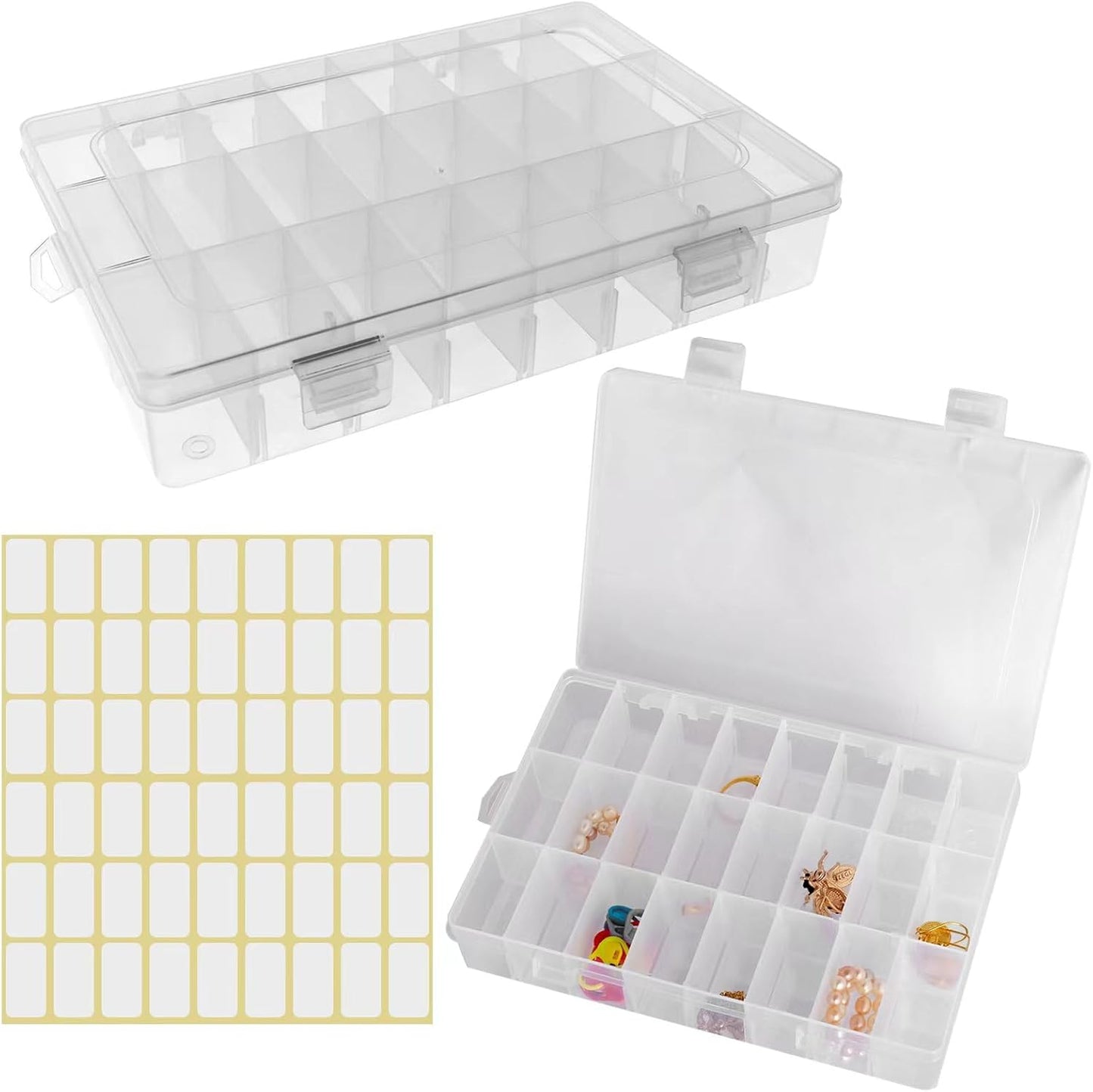 2 Pack 24 Grids Clear Plastic Organizer Box, Storage Container with Adjustable Divider, Craft and Bead Storage Organizer Box for DIY Crafts Jewelry Fishing Tackles with 1 Sheets Label Stickers